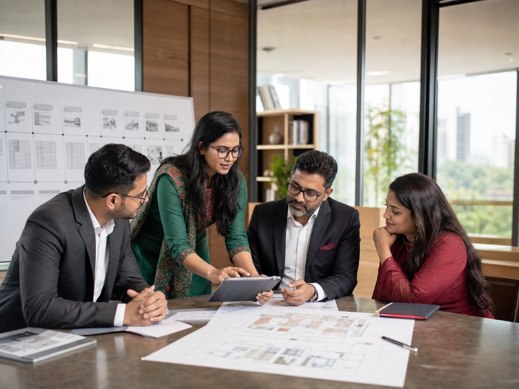 Corporate leaders and a mobility specialist planning workforce relocation in Dhaka