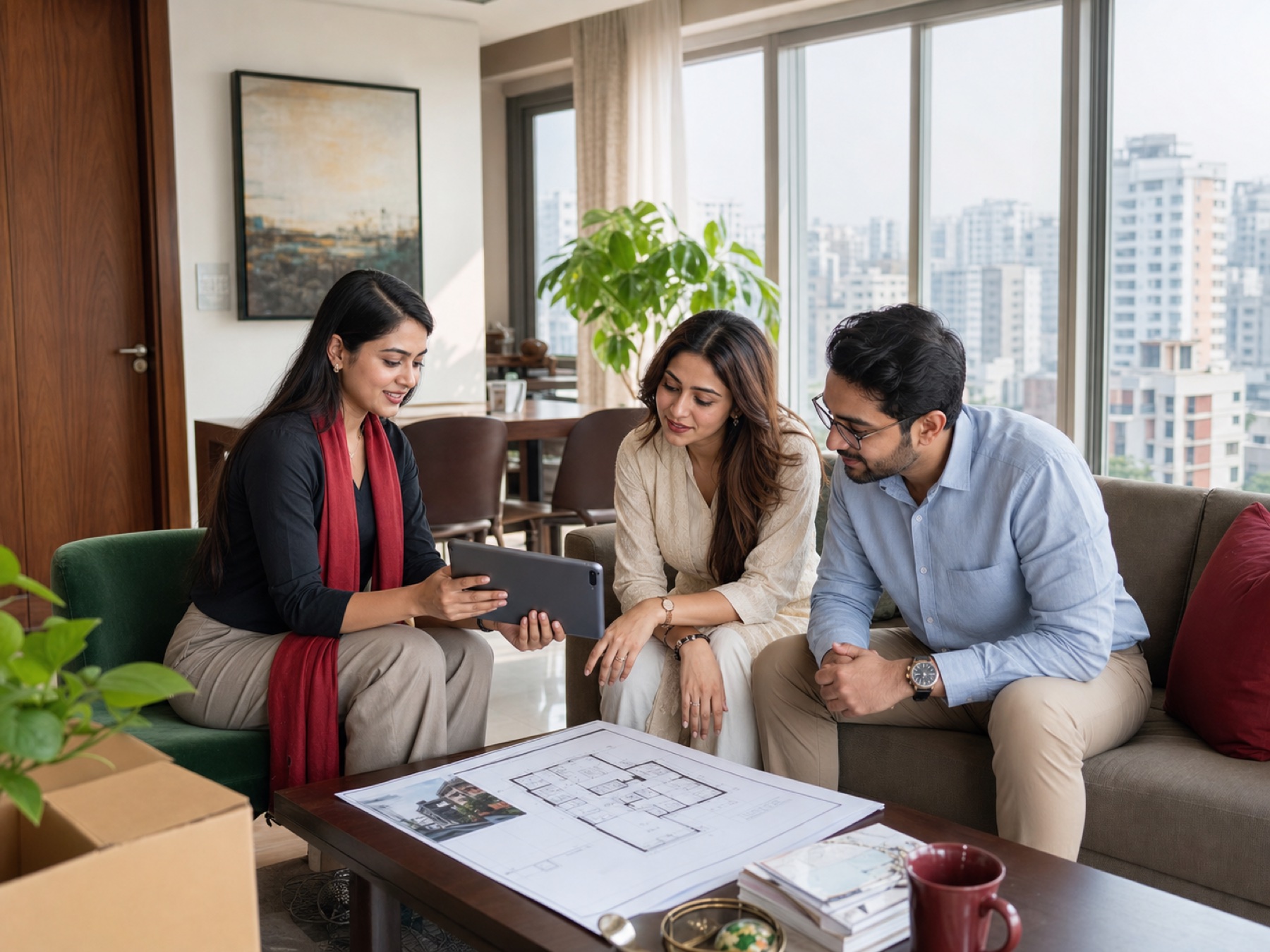 A property and mobility advisor consulting clients in a Dhaka apartment